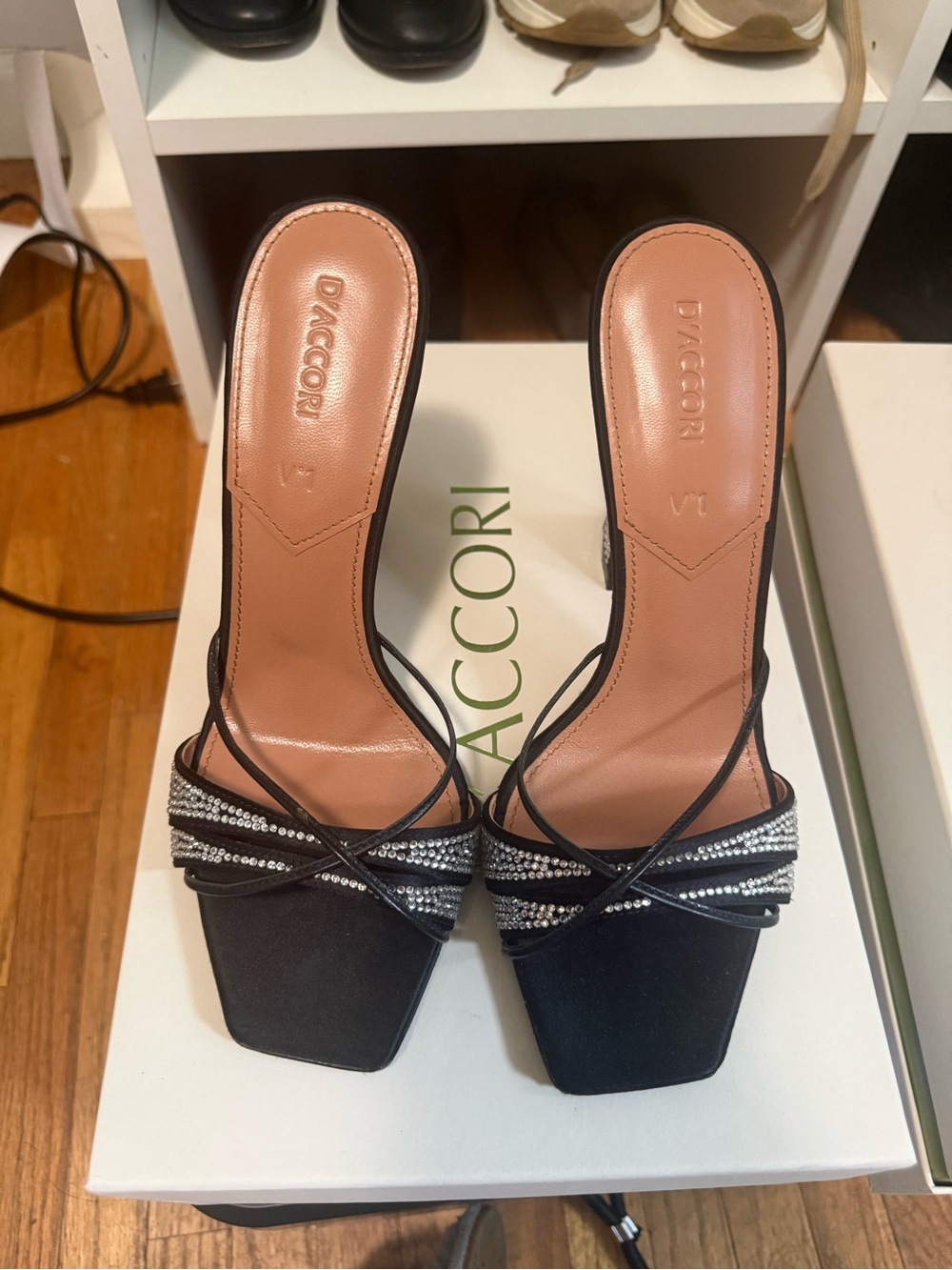 D'Accori Black Strappy Rhinestone Mule Heels